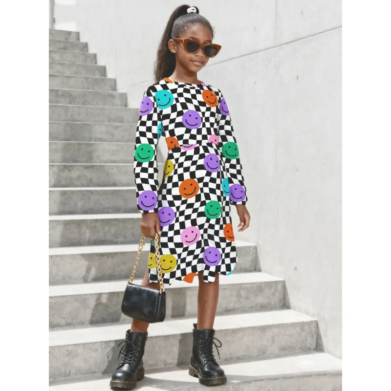 

Visual Charm! 2025 Girls' Retro-style Colorful Smiling Face and Plaid All-over Print Dress - Playful and Lovely Kids Clothing
