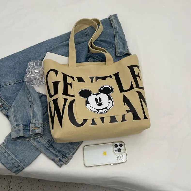 Anime Mickey Mouse Letter Canvas Tote Bag Disney Fashion Portable Shopping Bag for Women Cute Minnie Shoulder Bags Birthday Gift