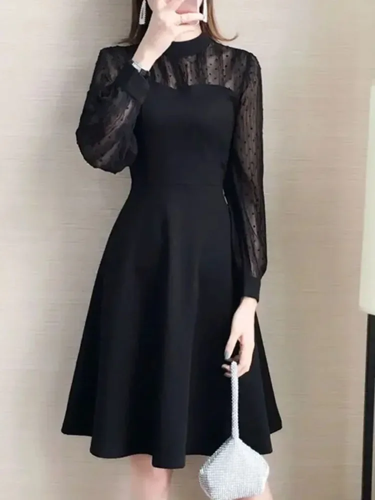 Black Flocked Dotted Mesh Patchwork Midi Dress For Women Spring Autumn New Slim Tummy Control Elegant Casual Outfit