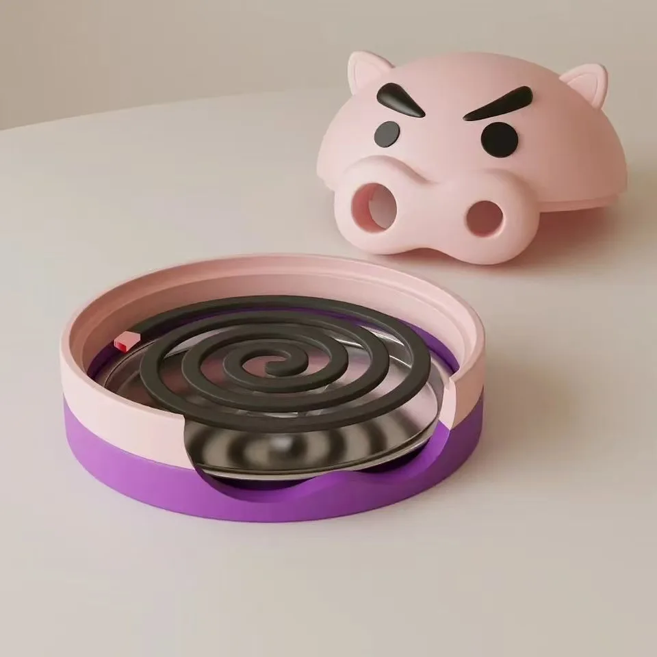 Cute Pig Mosquito Coil Holder with Plastic Windproof Lid, Detachable Metal Fireproof Tray for Home Patio