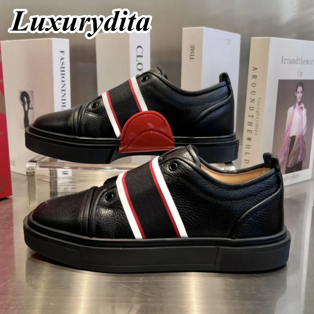 

Top Quality Womens Trendy Casual Sneakers Luxury Mens Real Leather Tennis Shoes Designr Red Sole Tide Lovers Rivet Shoes HJ0061