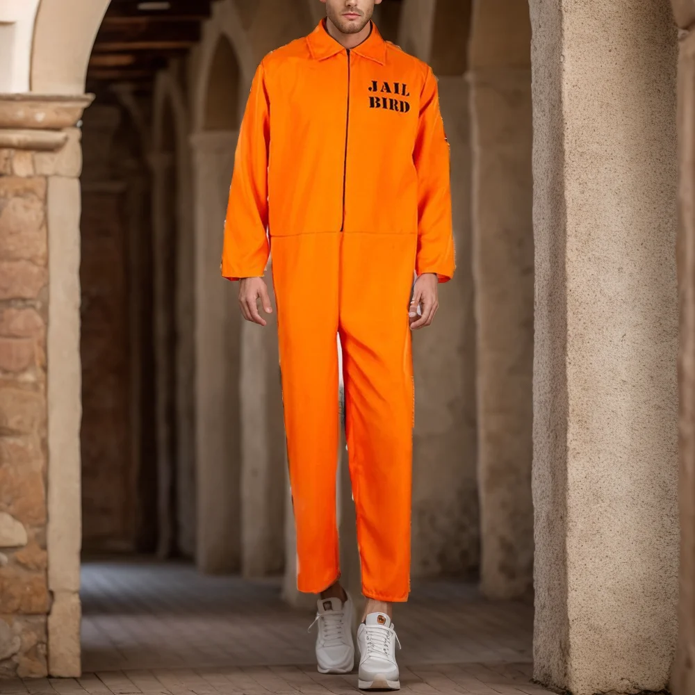 Unisex Prisoner Jumpsuit Suit Sleeve Prison Jumpsuit Cosplay Halloween Carnival Party Outfits Criminal Jailbird Inmate Bodysuit