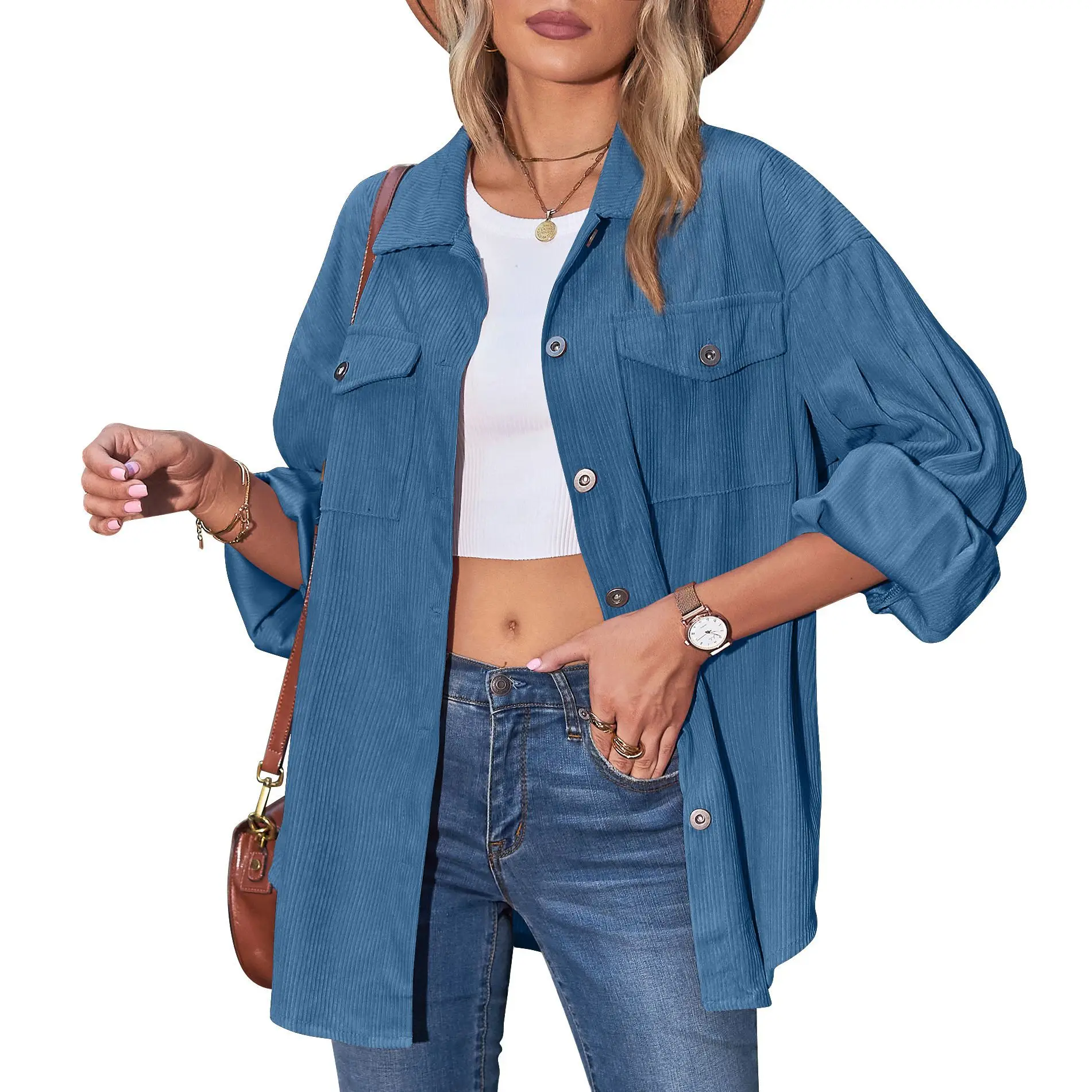 Women Blouses Turn-down Collar autumn/winter 2022 Leisure Loose Corduroy Lantern Sleeve Solid Color Harajuku Female New MDF6608
