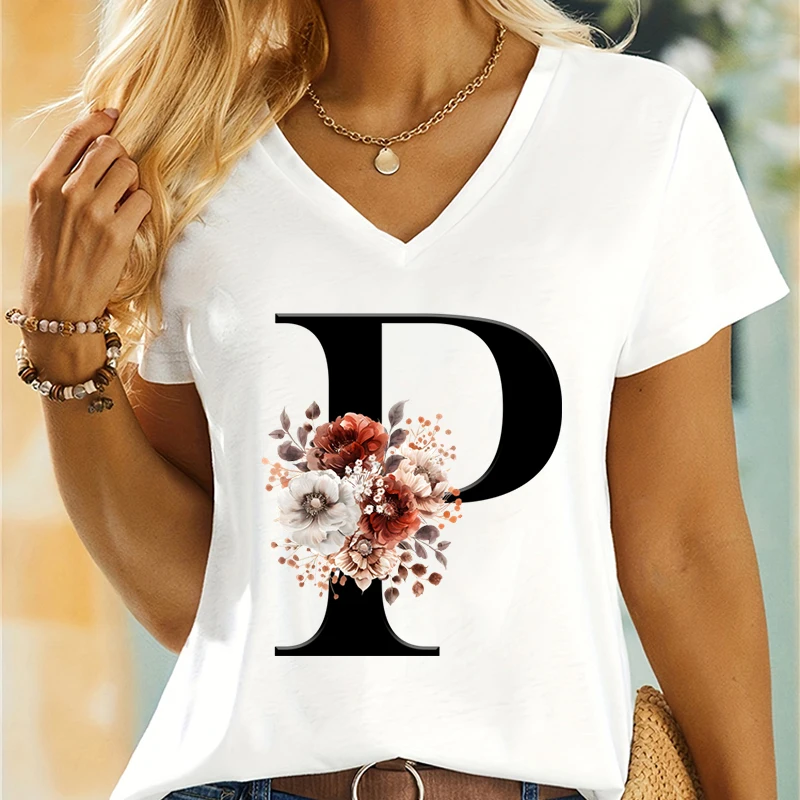 A-Z 26 English Alphabet Printed T-shirt Women Gift for Flower Lover Woman 26 Alphabet Floral Vintage Design Short Sleeve T-shirt