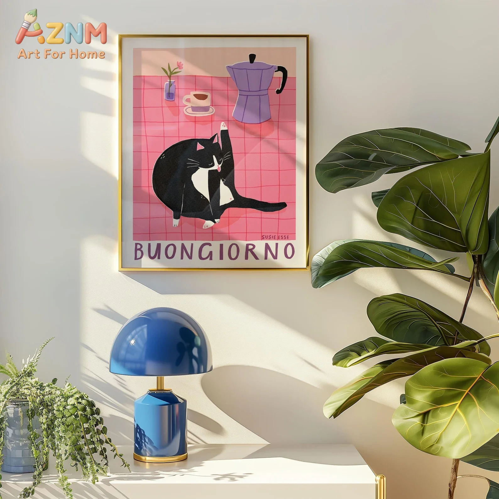AZNM Cute Black White Cat Canvas Print Buongiorno Coffee Moka Pot Pink Grid Kitchen Illustration Fun Cartoon Wall Poster Unframe