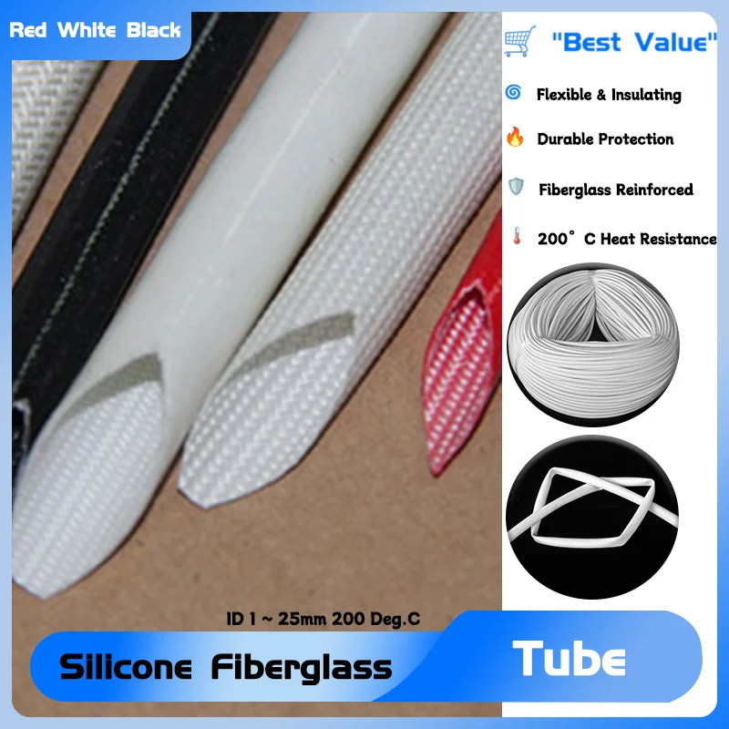 

1M ID 1 ~ 25mm Silicone Fiberglass Sleeving Flame Resistant Silicone Resin Insulate Cable Protect Tubing Fiberglass 200 Deg.C