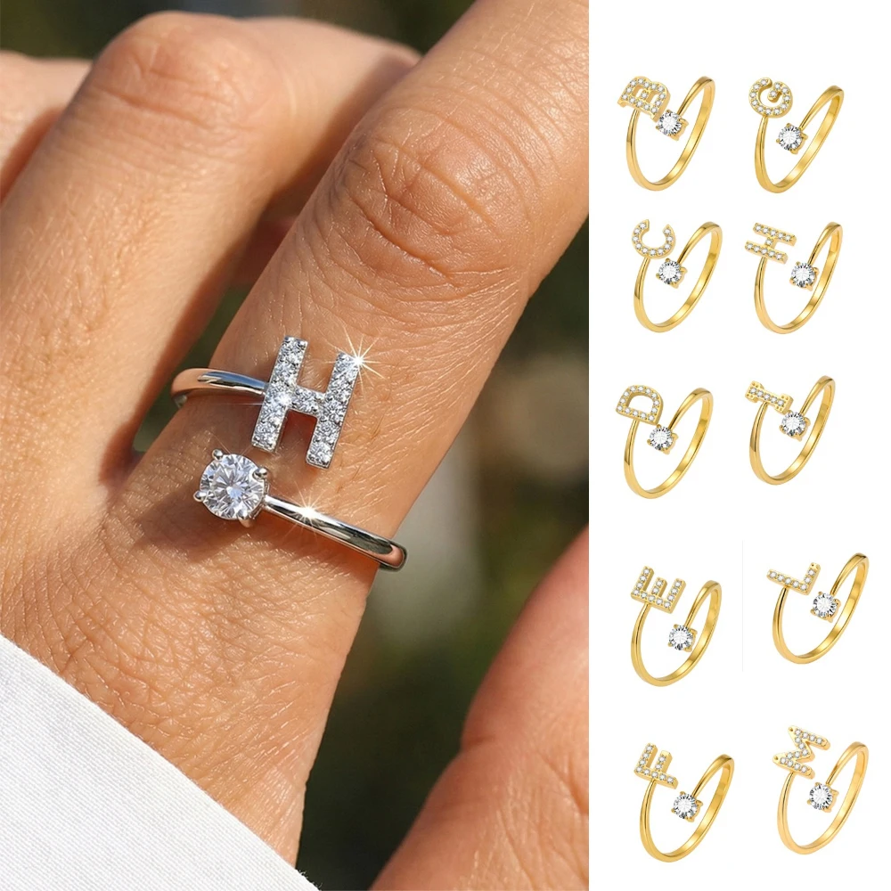 Initialen-Ring, Alphabet A-Z Buchstaben-Zirkon-Ring, Edelstahl Verstellbarer Offener Ring für Damen Hochzeitsschmuck Anlaufbeständig