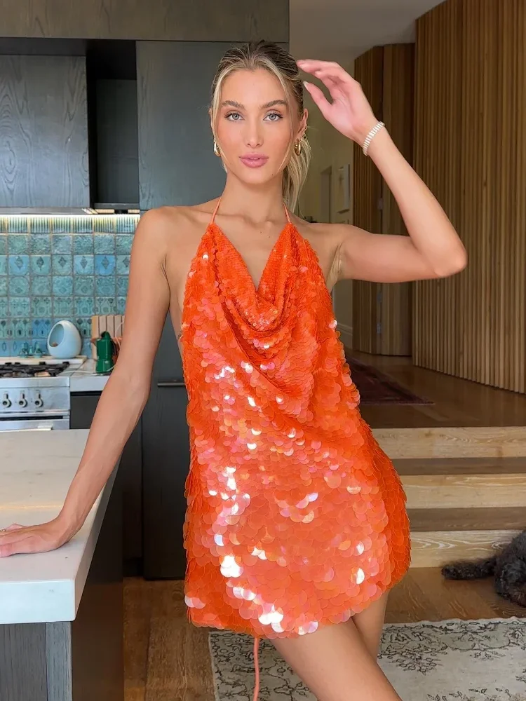 

Sequins Glitter Halter Mini Dress Women Backless Sleeveless Evening Party Holiday High Waist 2025 Fashion Sexy Dresses