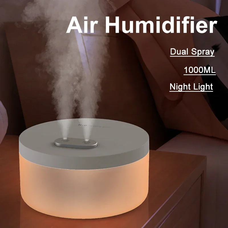 

1000ML Large Capacity Air Humidifier Dual Spray with Night Light Low Noise Rechargeable Wireless Ultrasonic Humidifier