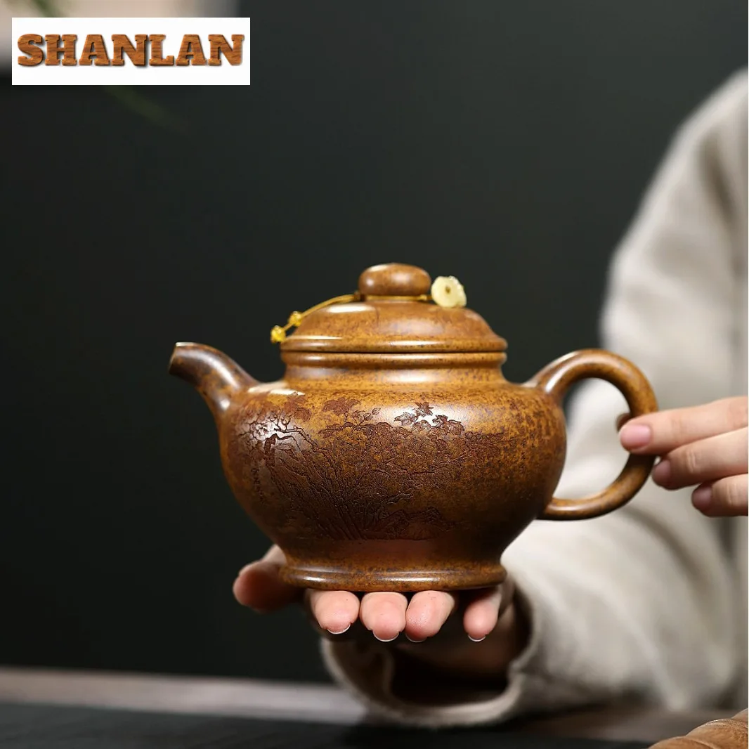

500ml Exquisite Yixing Purple Clay Teapots Handmade Duo Zhi Pot Raw Ore The Keel Gold Sand Firewood Tea Brewing Kettle Zisha Tea