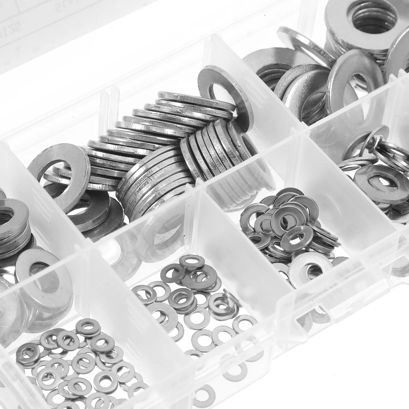 Zestaw podkładek płaskich metalowych 360 sztuk, stal nierdzewna, elementy montażowe, śruby, podkładki do napraw, zastosowanie przemysłowe, trwałe, redukujące hałas