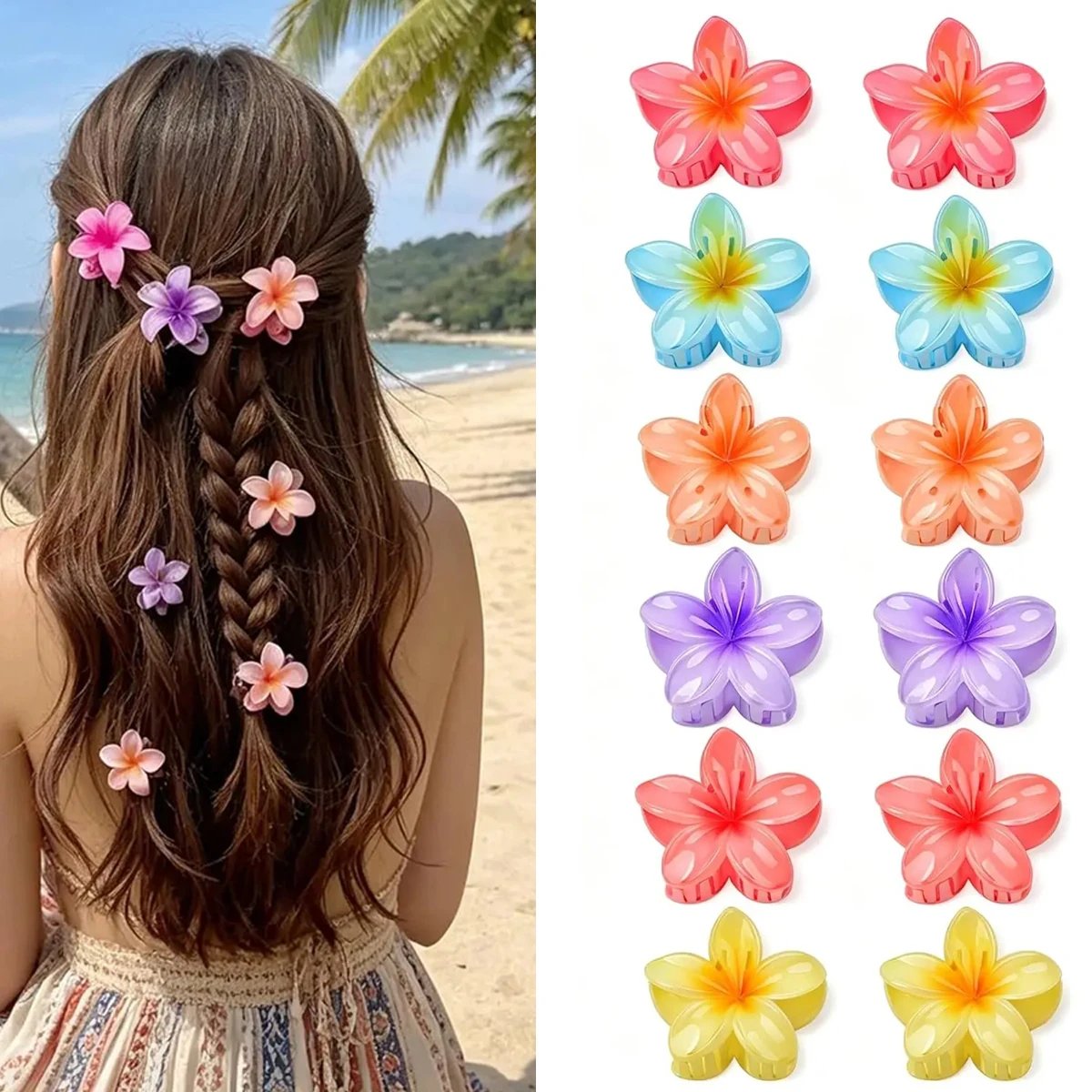 Mini Flower Hair Claw Clips, 12 Pack Small Hawaiian Plumeria Y2K Accessories, Strong Grip for Thick & Thin Hair, Multicolor