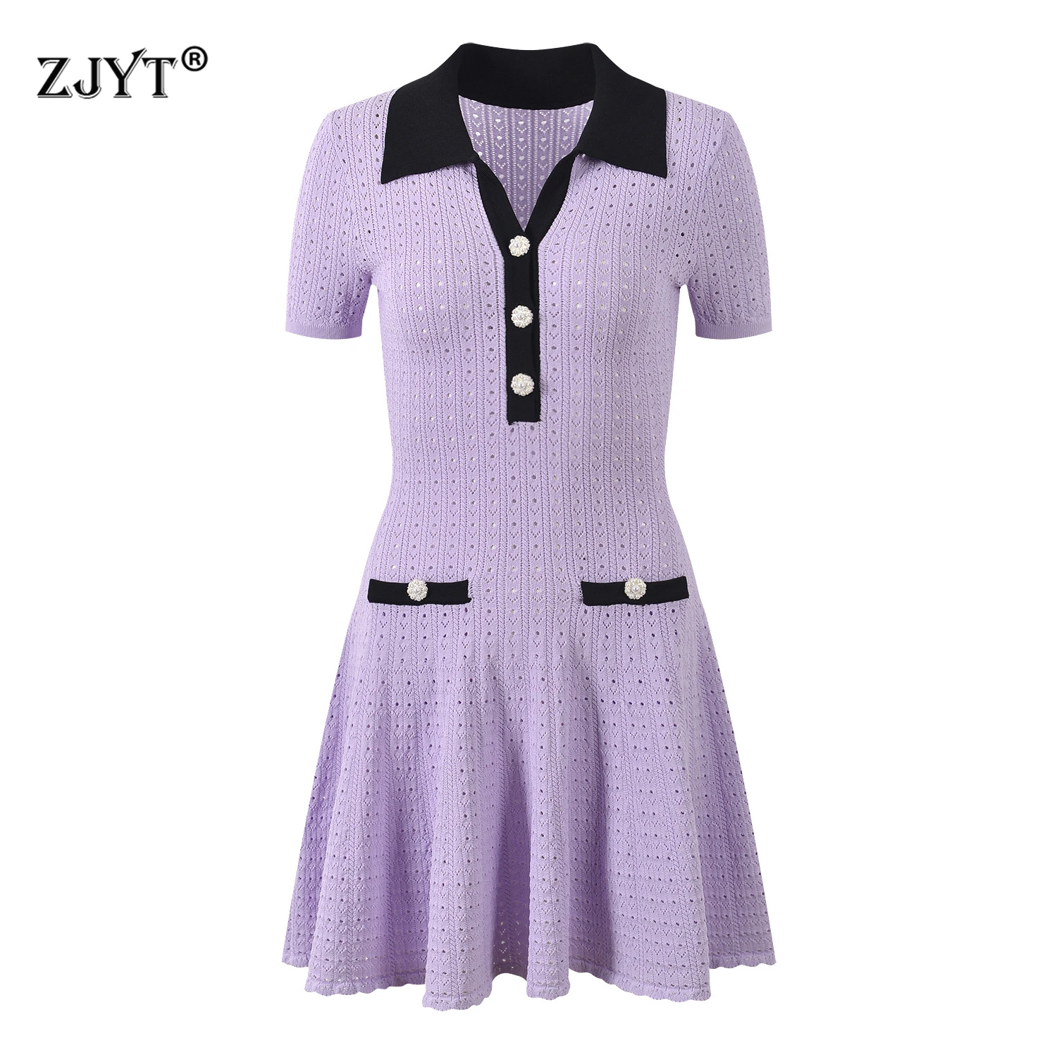 

ZJYT Summer Hit Color Knitting Sweater Dresses for Women 2025 Turn Down Collar Short Sleeve Hollow Out Vintage Casual Mini Dress