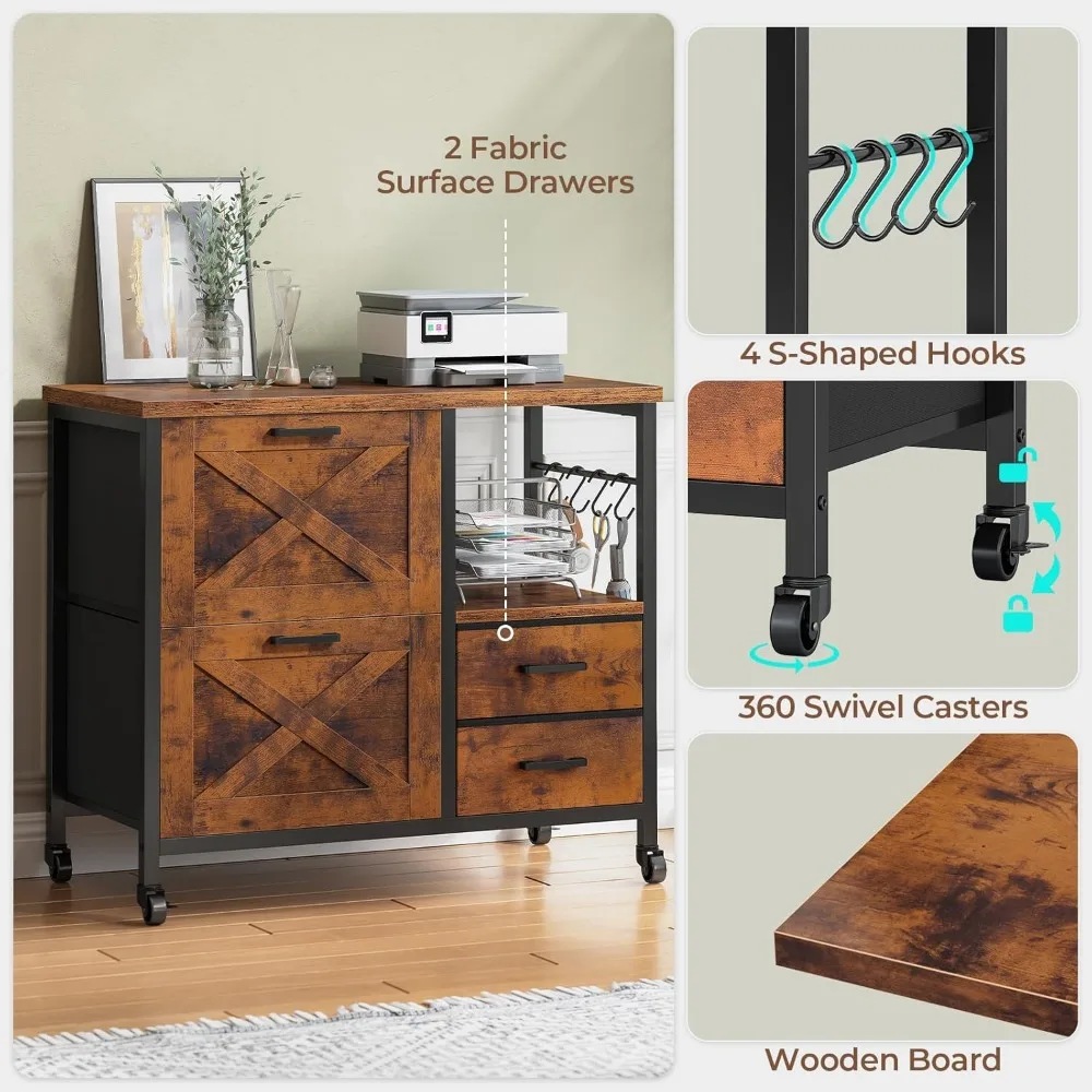 4 Drawers Filing Cabinet, File Cabinet for Home Office fits Letter/Legal/A4 Size Hanging Files, Printer Stand with Storag