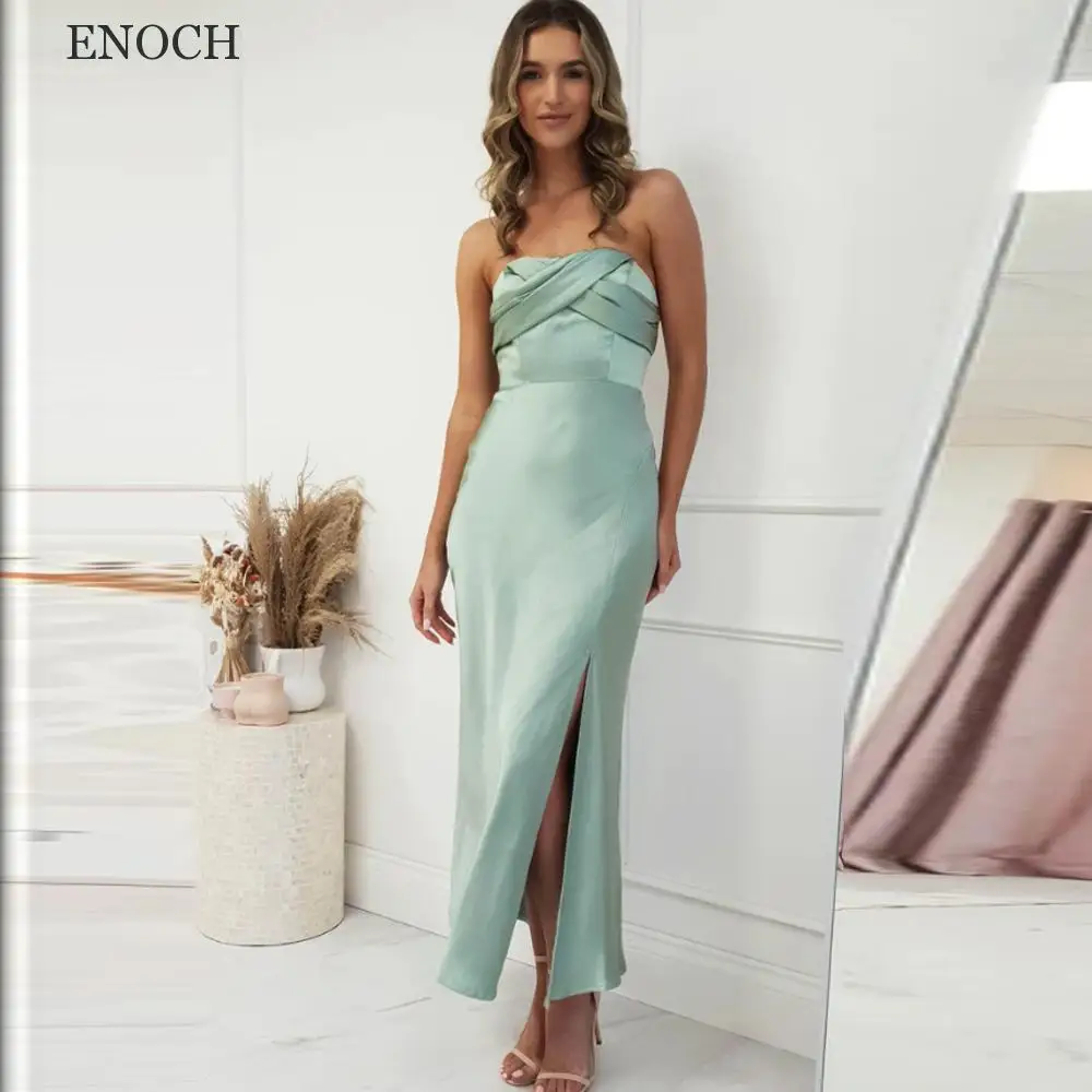 ENOCH Simple Strapless Satin Bridesmaid Dresses Side Slit Criss-Cross Party Dresses Open Back Vestidos De Fiesta Custom Made