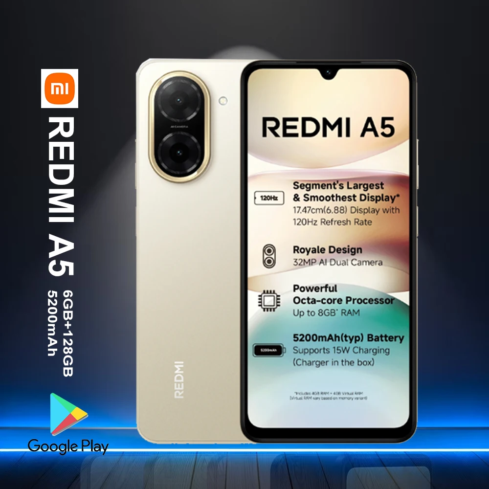 Redmi A5 1 Smartphone - 5200mAh Battery Fast Charging with Side Fingerprint Recognition Facial Recognition GPS NFC