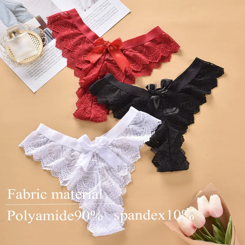 Sexy Bowtie Women Underwear Low Waist Breathable Lace Tangas Summer Comfortable Cute Lingerie Fashion Girl Home Casual G-string