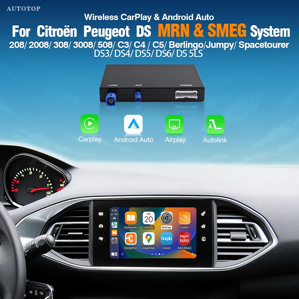 Adaptateur sans fil CarPlay Android Auto AUTOTOP pour SMEG Citroën C3 C4 C5 DS3 DS4 DS5 DS6 Peugeot 208 308 508 3008 Caméra de recul