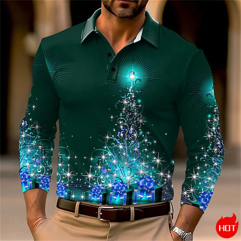 3D Happy Christmas Printed Long Sleeve Polo Shirt Santa Claus Graphic Men's Polo Shirts Cute Reindeers Snowflakes Shirts For Men