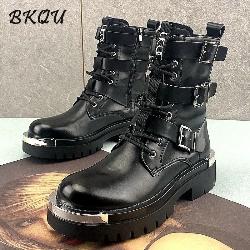 

BKQU Trend Motorcycle Boots New High Top Mid Calf Leather Boots 2025 High Heels Short Boot with Built-in Height and Thick Soles