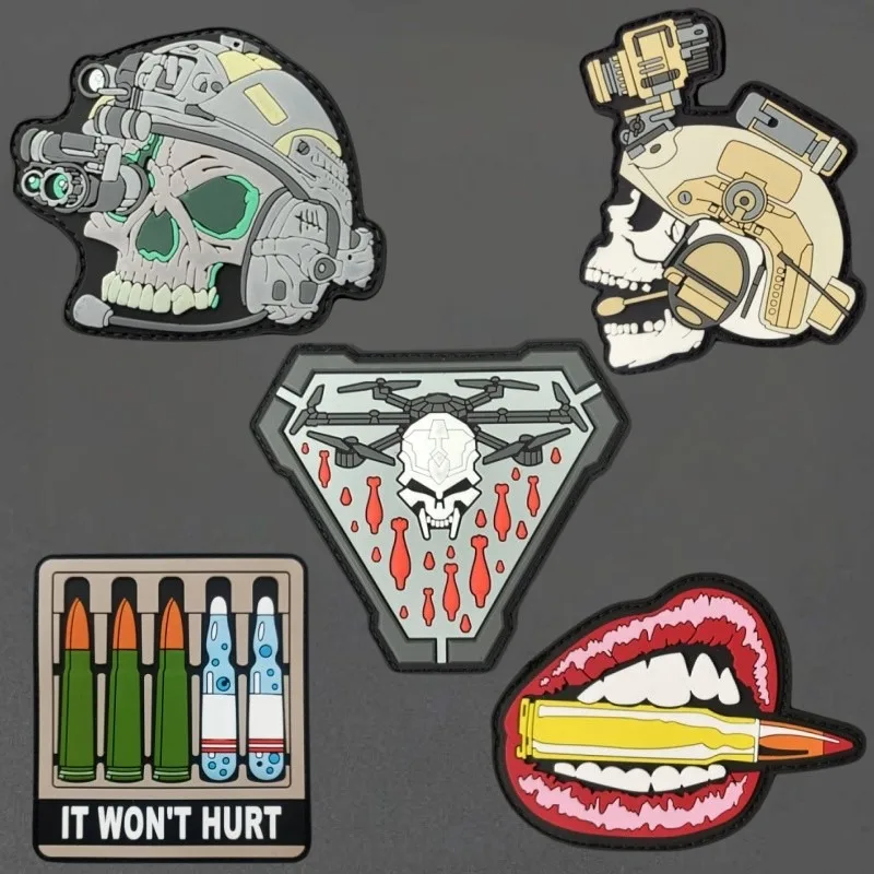 Night Vision PVC Tactical Patch Skull Morale Hook&Loop Badge Backpack Decoration Stickers Appliques Armband Patches for Clothing