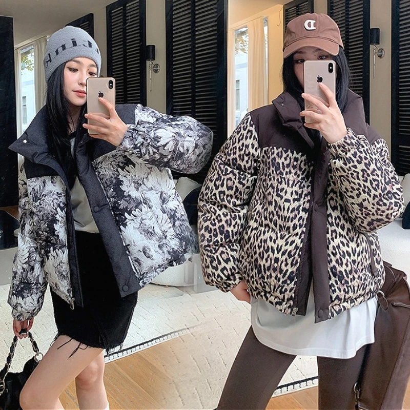 Women Parkas Coats Short Jacket Leopard Print Zipper Stand Collar Long Sleeves Thick Loose Casual Office Lady 2025 Autumn Winter