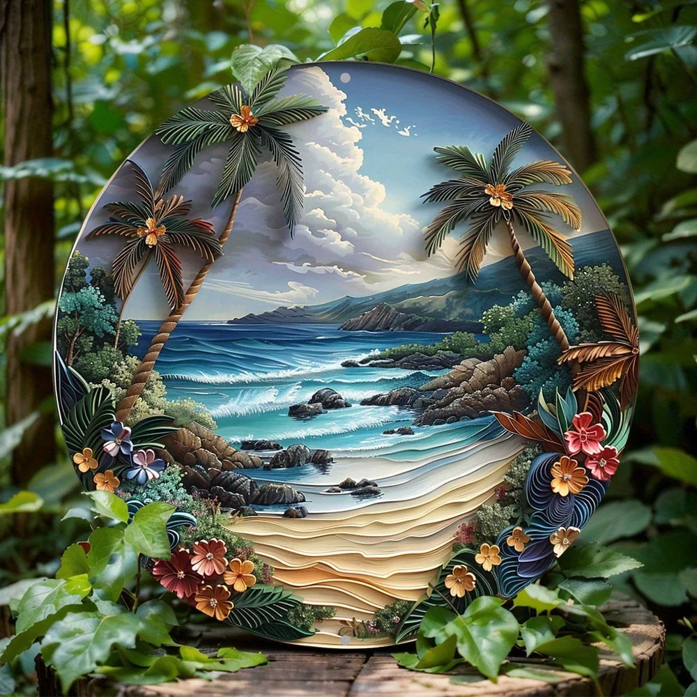 

2D Flat Print, Tropical Rain Forest Themed Wreath Sign, Round Aluminum Metal Decor Sign, Home, Wall Decoration, Birthday Gift