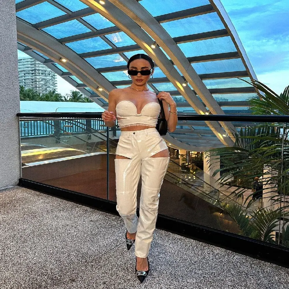 

2023 Women Casual Summer White Two Pieces Hollow Out Design Lace Strapless Top&Long Pant Elegant Celebrity Party Red Carpet Set