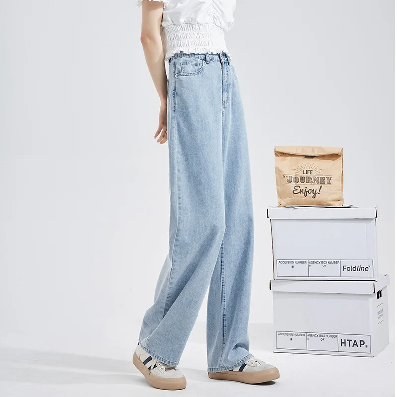 High Waist Draped Straight Leg Jeans Women's Korean Style Autumn Casual Wide Leg Pants Trendy plus Size Cotton Blend