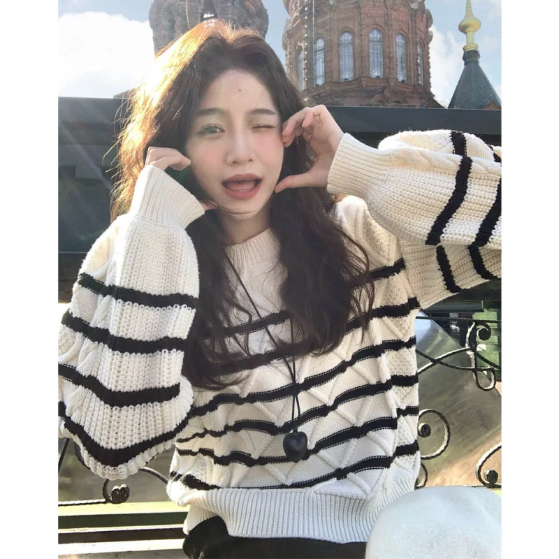 Korean Style Lantern Sleeve Argyle Striped Round Neck Sweater for Women, Autumn Winter Petite Versatile Pullover Cable Knit Swea