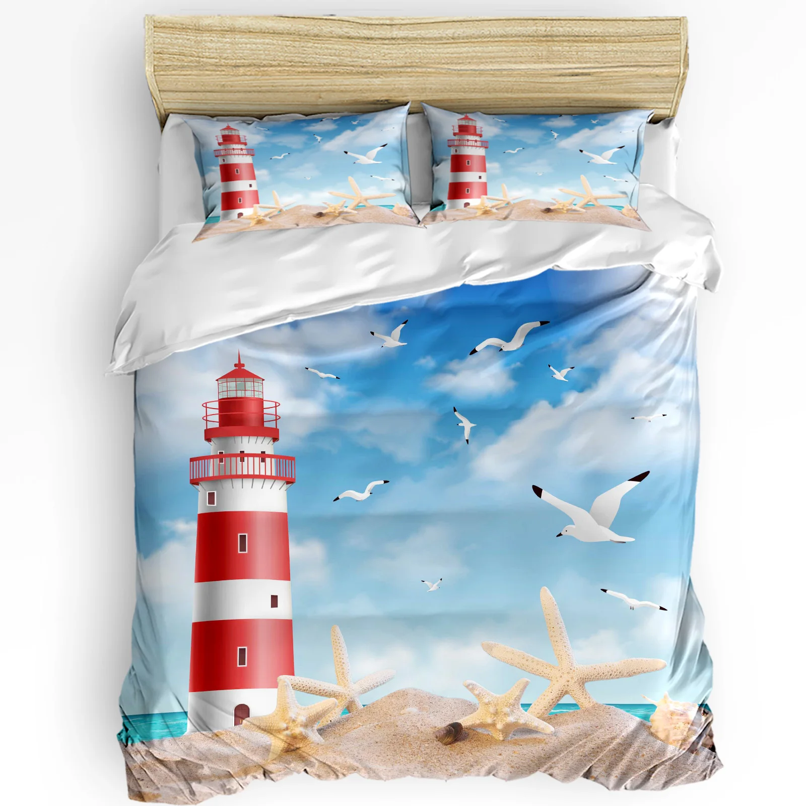 

Sea Beach Lighthouse Starfish Seagull Duvet Cover with Pillow Case Custom 3pcs Bedding Set Quilt Cover Double Bed Home Textile