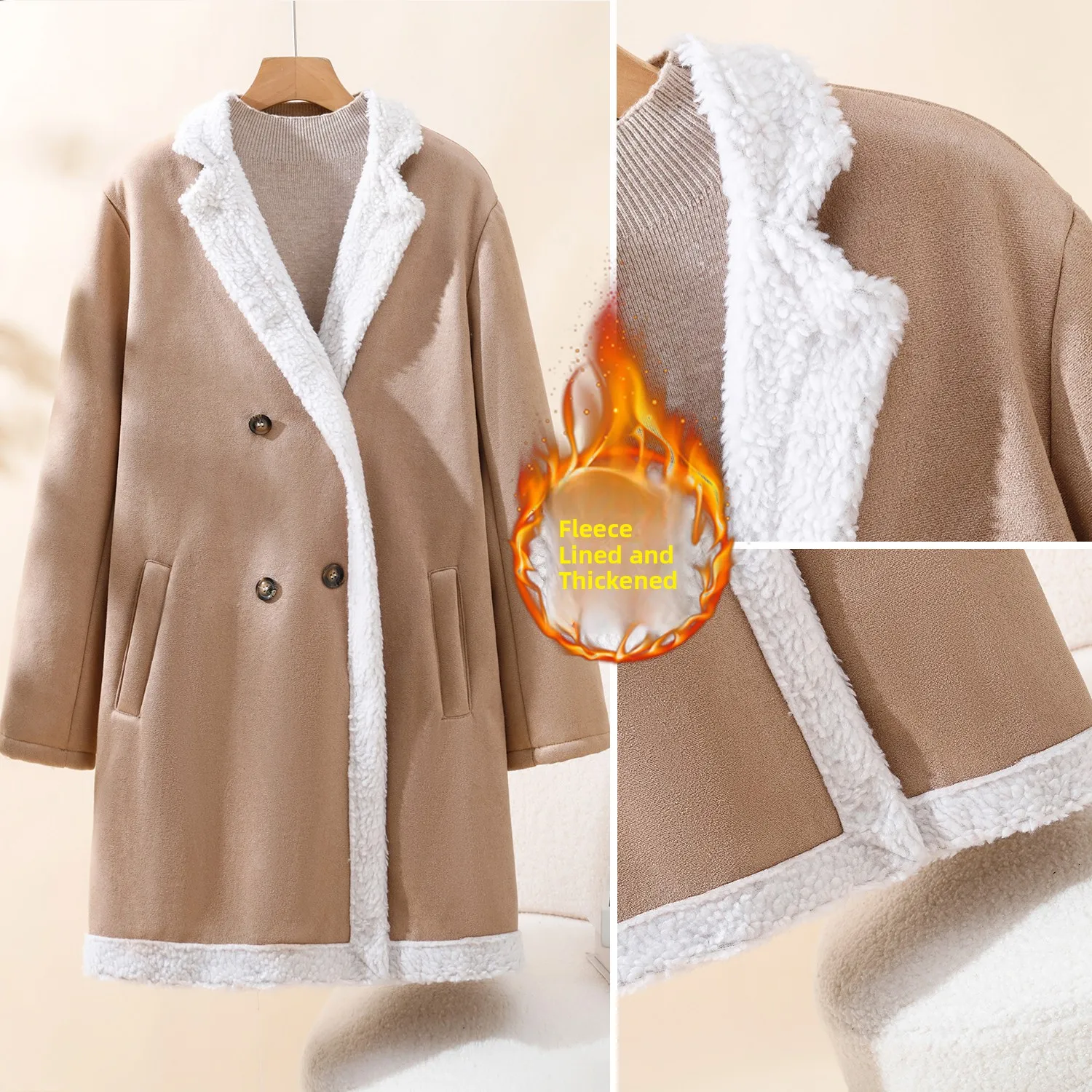 패셔너블 캐주얼 스웨이드 코트 울 중간 길이 칼라 여성 코트 테니드 롱 슬리브 출퇴근용 겨울 신상품