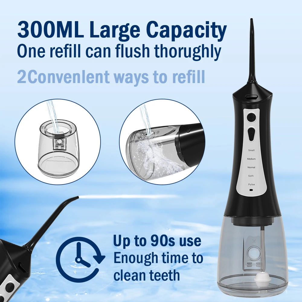 Fairywill Water Flosser 5 Mode Portabel Dapat Diisi Ulang Jet Air Gigi 6 Nozel Tahan Air 300ML Tangki Irigator Mulut untuk Gigi