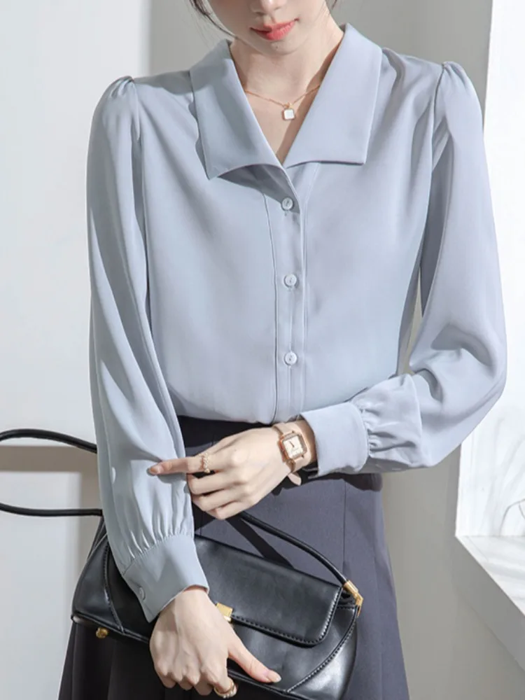 Ele Blue Long Sve irt für Damen, Pendeln, Herbst, professionelle Bürokleidung, öffentlicher Diener, Interview, Damen-OL-Top