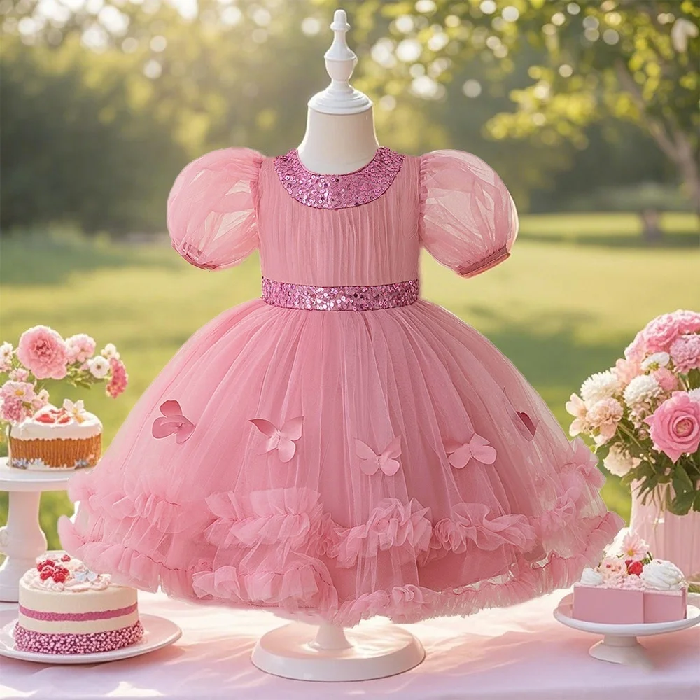 

Rose pink butterfly dress bubble sleeves for girls' dress suitable for vacation birthday parties anniversaries