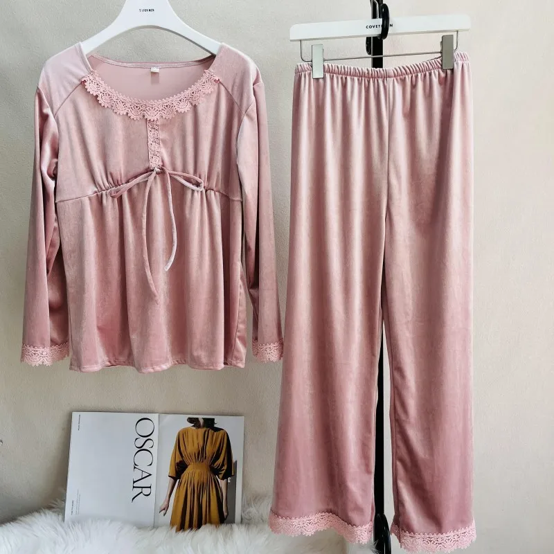 O-Neck Two Piece Velour Pajamas Set Women Sleepwear Nightwear Lingerie Autumn Winter Velour Pullover Trouser Sleep Suit Homewear