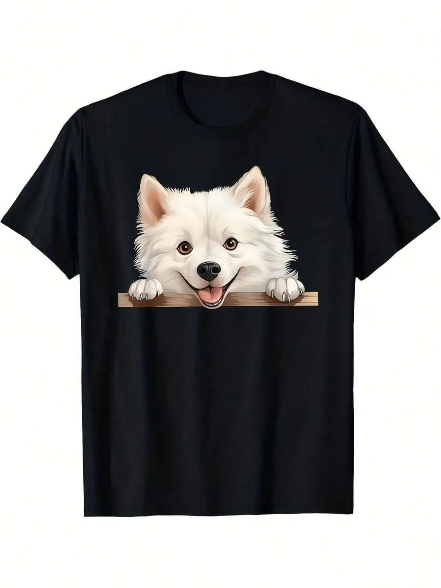 Unisex's Funny Peeking American Eskimo Graphic T-Shirt - Black With Expressive White Puppy Design, Loose Fit Tee For Pet 100%