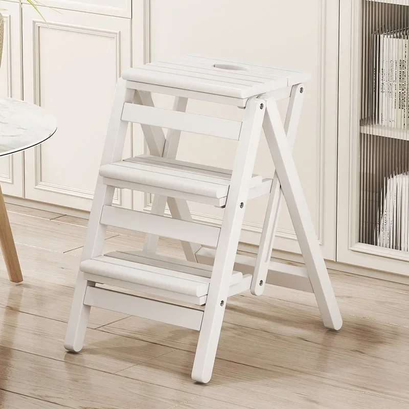 Home High Kitchen Folding Stool Multi-functional Solid Wood 3 Steps Stool Dual-use Climbing Wood Ladder Indoor Thick Thing Rack