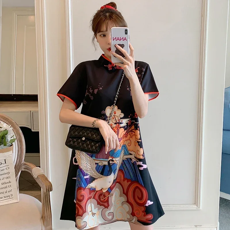 

Plus Size M-4XL Fashion Modern Trend Cheongsam Dress for Women Summer Black Short Sleeve Qipao Traditional Chinese Clothing