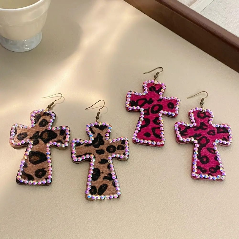 New Y2K Shiny Crystal Cross Earrings Leopard Print Pink Earring Accessorie Punk Vintage Goth Jewelry Accessories