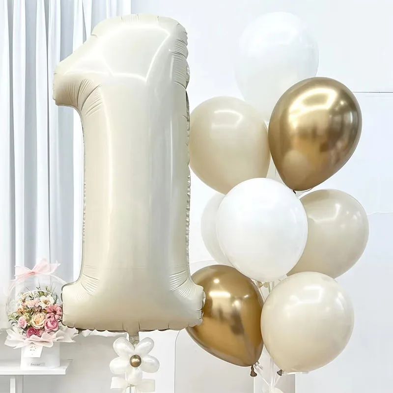 10pcs 32inch Cream Color Number Foil Balloons 1st Birthday Party Decorations Kids Boy Girl 1 2 3 4 5 6 7 8 9 Year Old Supplies