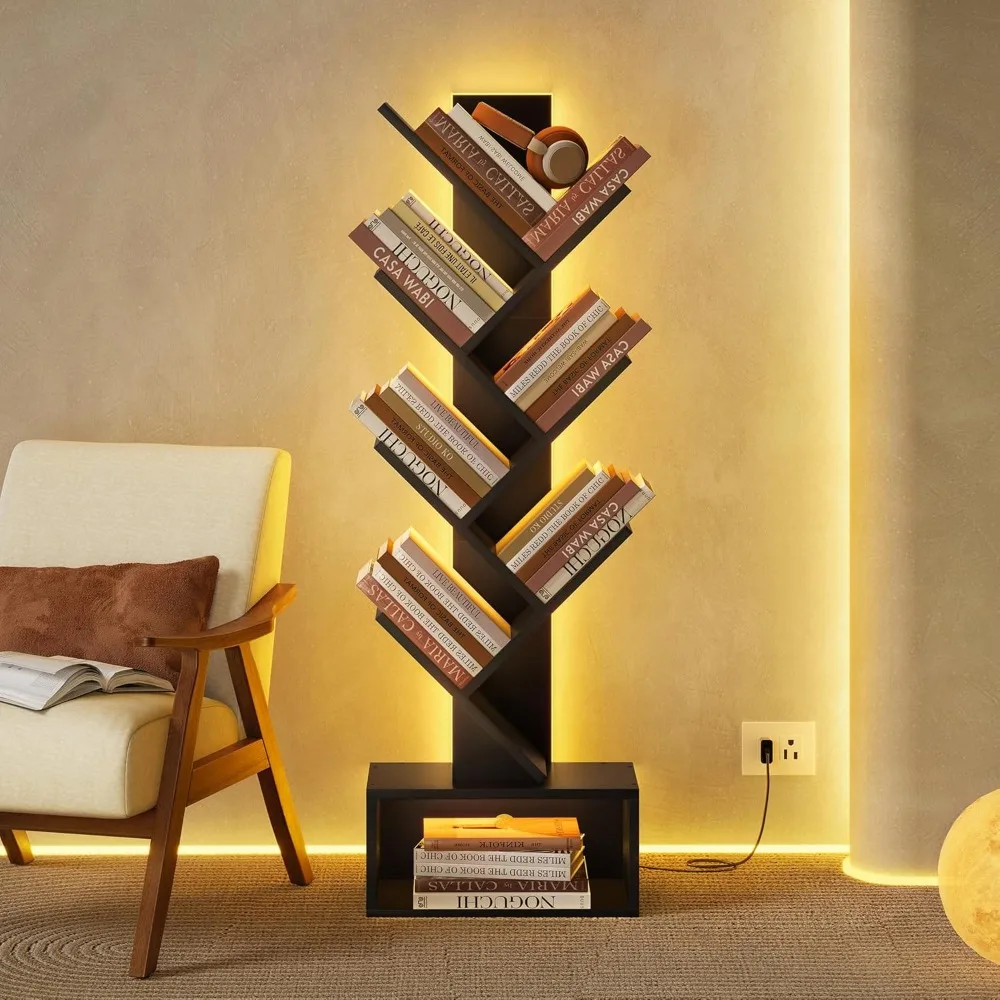 6 Tier Tree Bookshelf, Tall Bookcase with Drawer, Freestanding Book Shelf with LED Lights, Display Floor Standing Storage Shelf