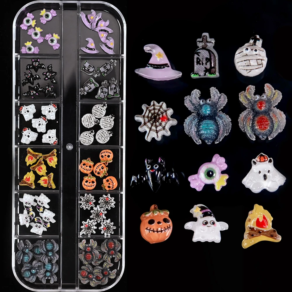 12Grids/Box 60PCs 3D Halloween Nail Art Charms Flatback Resin Ghost Spider Bat Pumpkin Eyeball Witch Hat Nail Parts Nail Supplie