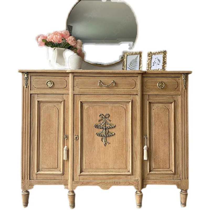 American country side cabinet, solid wood carving flower retro old restaurant three door cupboard locker