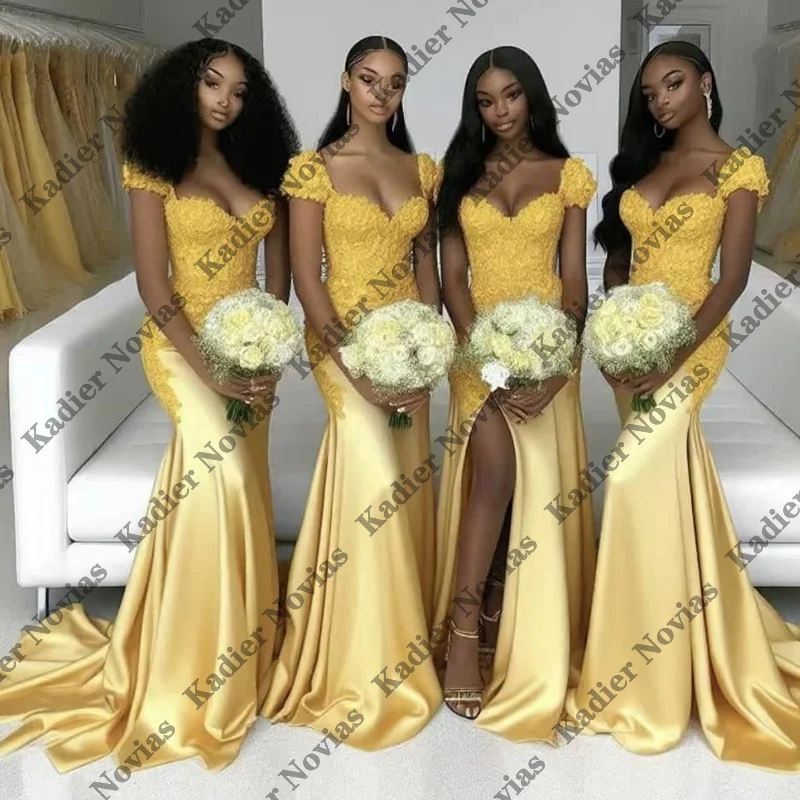 

Customized Long Yellow Mermaid Bridesmaid Dress Cap Sleeves Formal Wedding Party Dress Robes Invitee Mariage