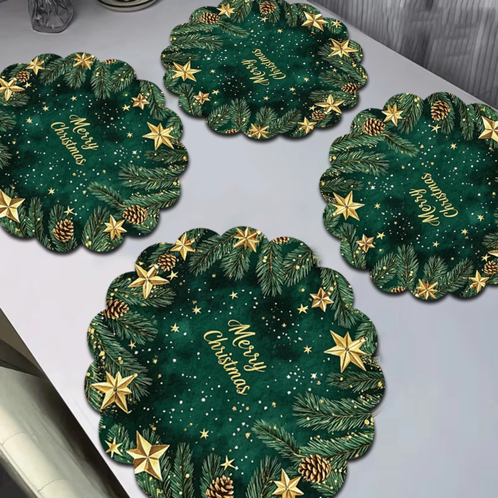 Green Golden Star Merry Christmas Placemat Pine Cone Winter Snow Table Mat Festive Holiday Dining Table Decor Home Decoration
