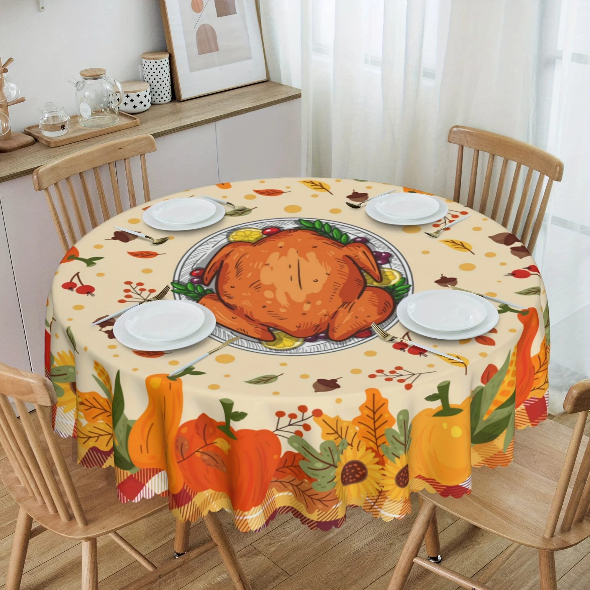 

Thanksgiving Themed Pumpkin Maple Leaf Pattern Home Living Room Kitchen Dustproof Round Tablecloth Holiday Party Decoration