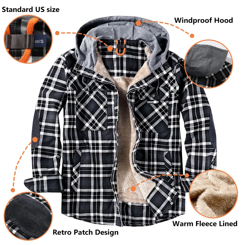 Mens Flannel Hoodie Jacket Casual Thicken Fleece Lined Flannel Shirt Long Sleeve Plaid Work Flannel Button Down Warm Winter Coat
