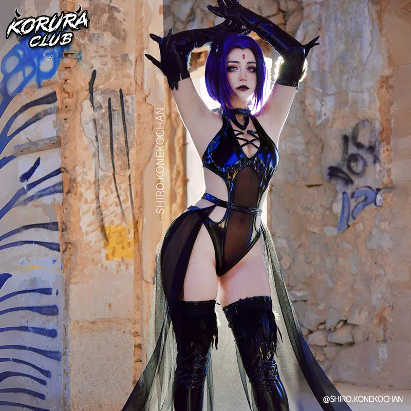 KORURACLUB Dark Queen Strega da donna Lingerie sexy Raven Costume cosplay Jumpsui (set da 7 pezzi) t