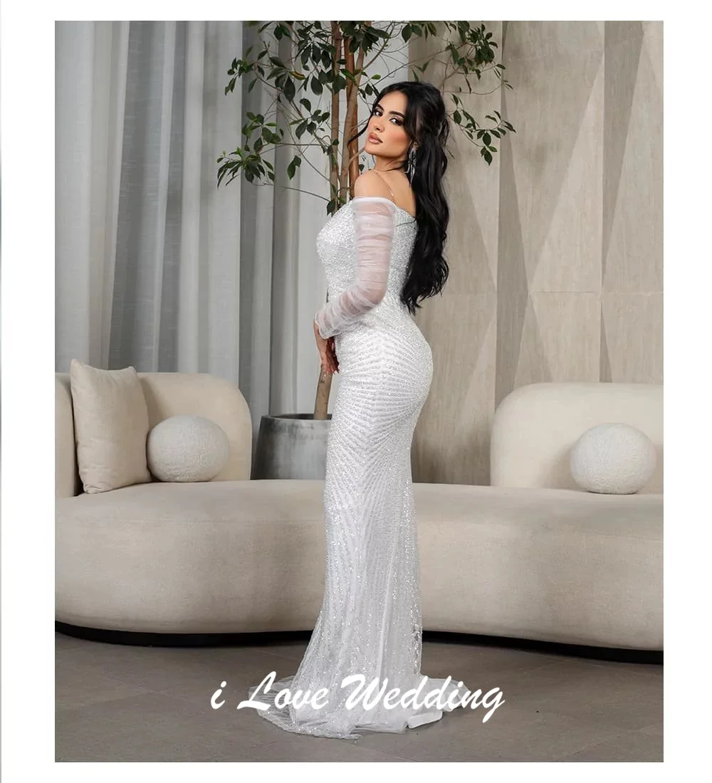 Vestido de noche de sirena Sexy con hombros descubiertos, manga larga de ilusión, cuentas, sin espalda, largo hasta el suelo, vestido saudí con corte personalizado